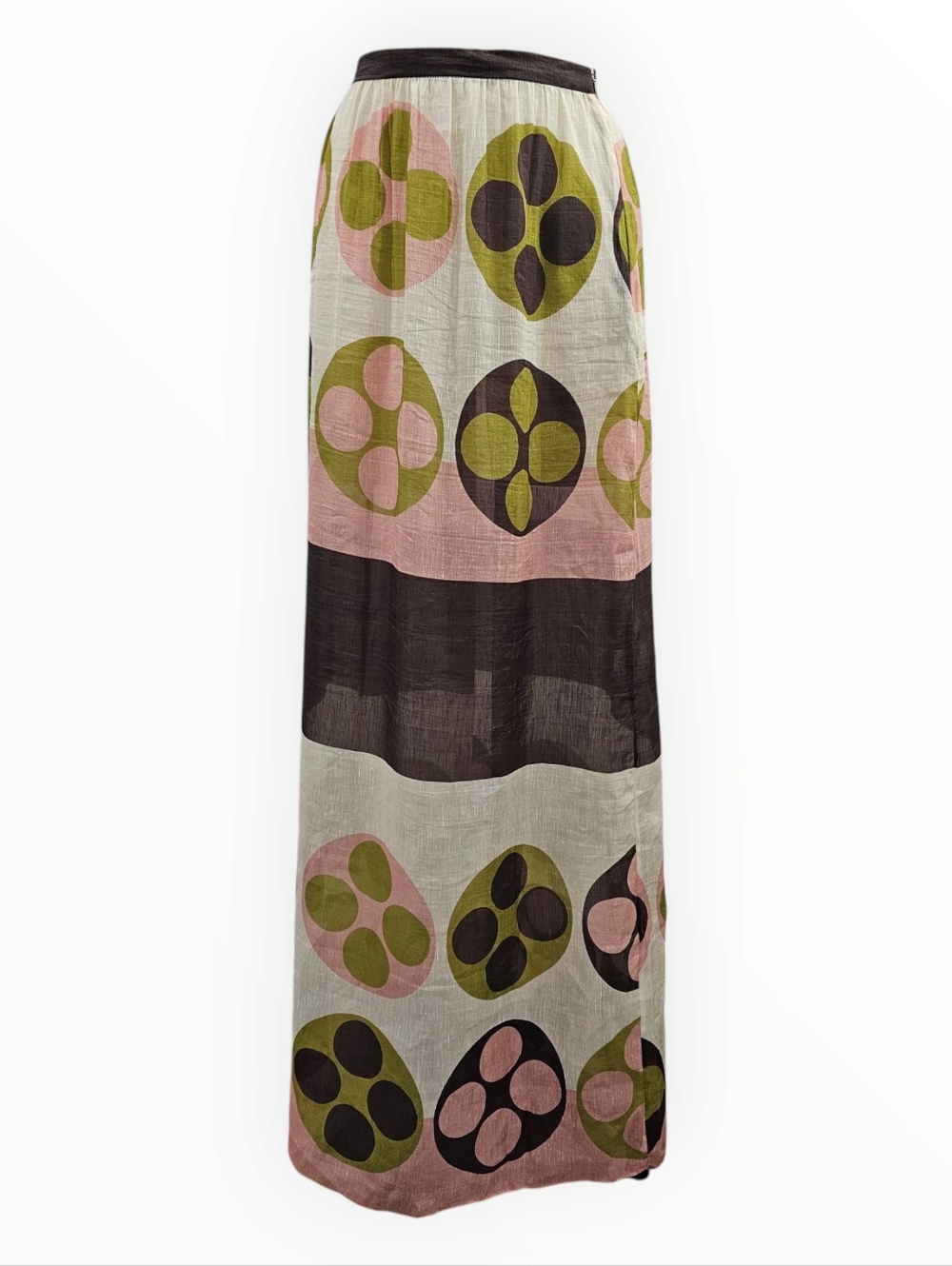 ADRIANA DEGREAS Giardino Silk Linen Blend Geometric Print Maxi A-Line Skirt L